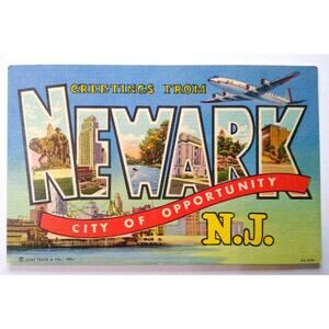 Greetings From Newark New Jersey Large Letter Postcard Linen Curt Teich Airplane